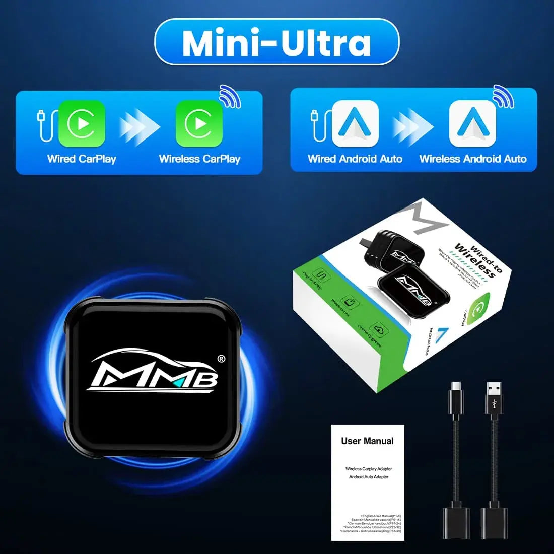 MMB Mini Ultra wired to wireless CarPlay and Android Auto adapter kit with accessories