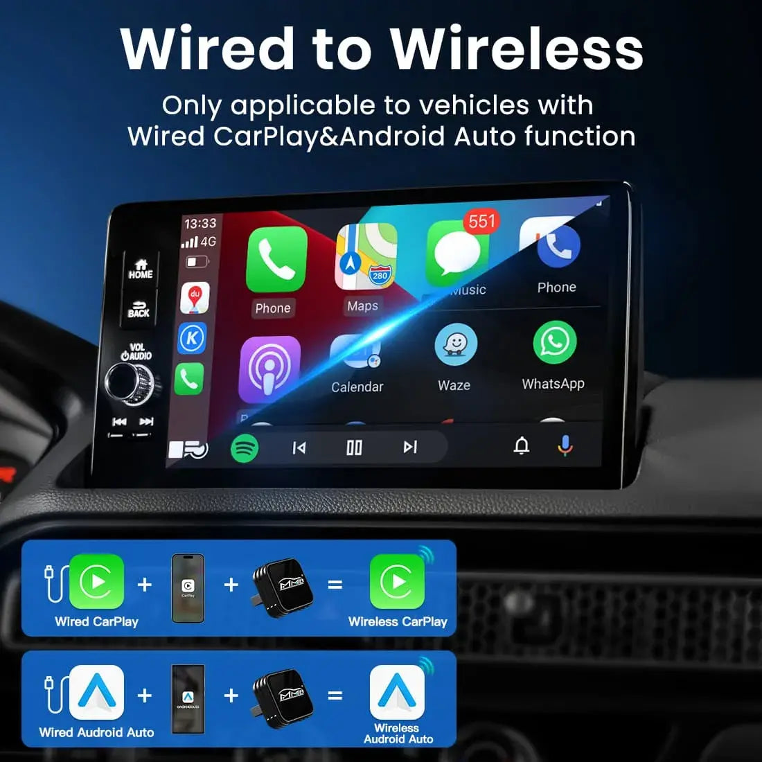 MMB Mini Ultra wired to wireless adapter converting wired CarPlay and Android Auto to wireless