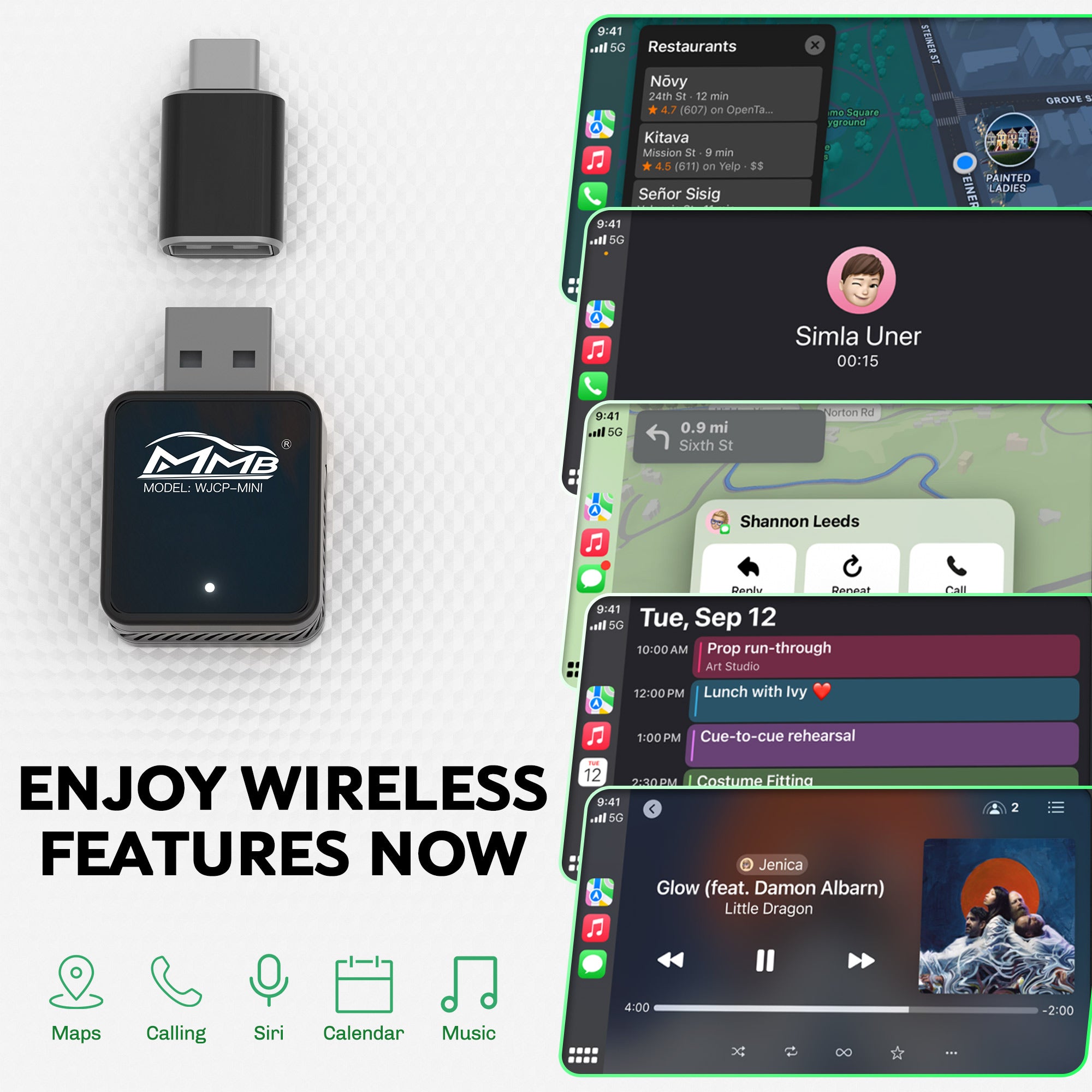 MMB Mini Wireless CarPlay adapter showing app interface screens for Maps, Calling, Siri, Calendar, and Music with "Enjoy Wireless Features Now" text.