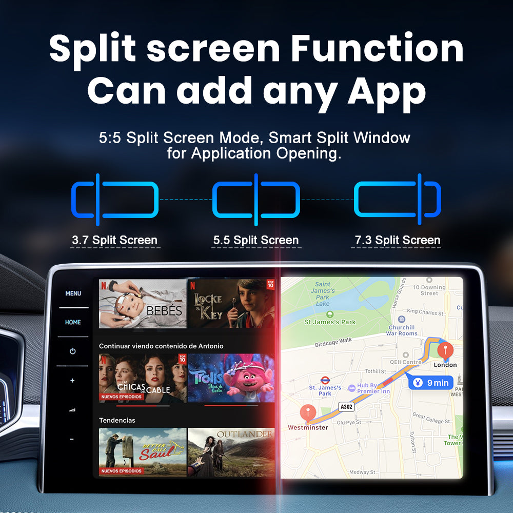 MMB PRO Q2W AI Box split screen function showing multitasking apps on car display