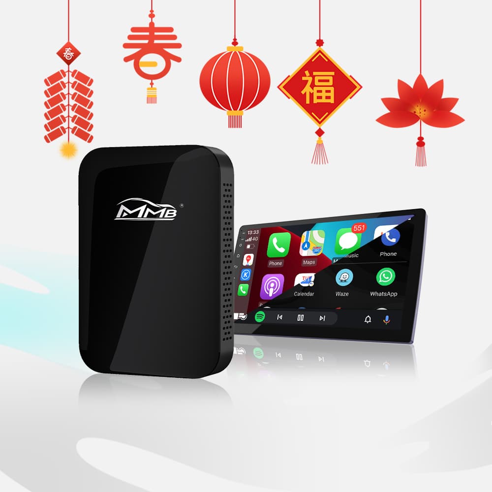 MMB TV Box Wireless CarPlay and Android Auto Adapter with built-in Netflix and YouTube, 2GB+8GB memory, sleek black design.