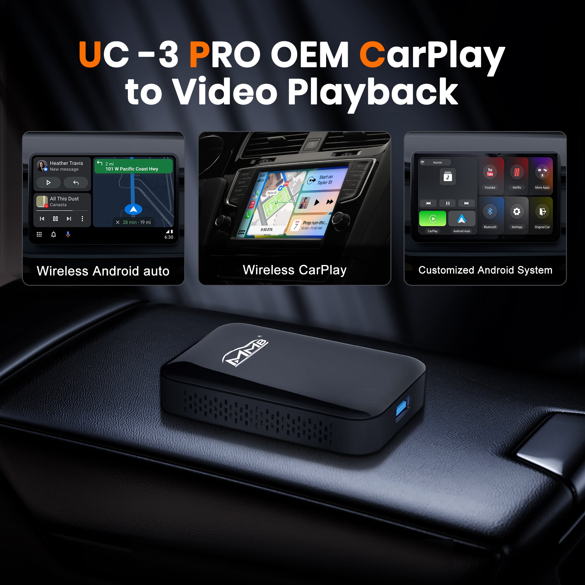 MMB UC-3 PRO adapter for OEM CarPlay to video playback, supporting Wireless CarPlay, Wireless Android Auto, and Customized Android System.