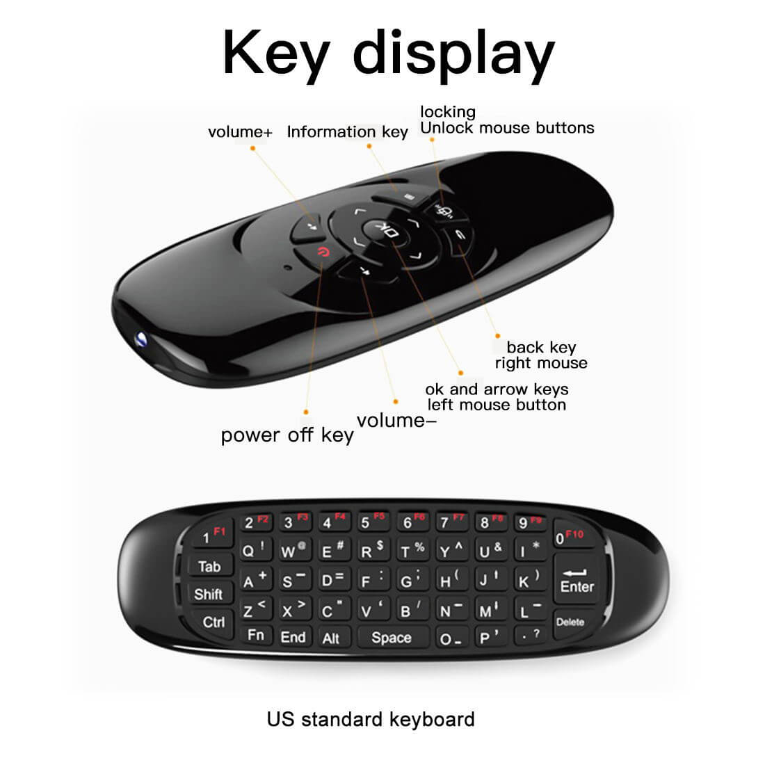 Key display of MMB wireless remote controller showing button functions and US standard QWERTY keyboard for CarPlay AI Box