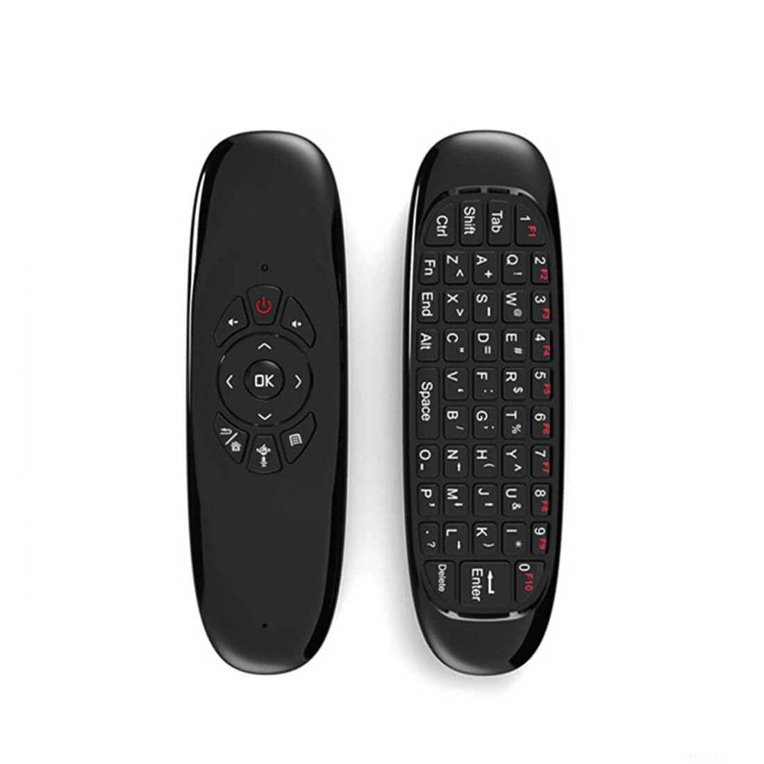 Wireless remote controller with full QWERTY keyboard for MMB Wireless CarPlay and AI Box, showing front and back view