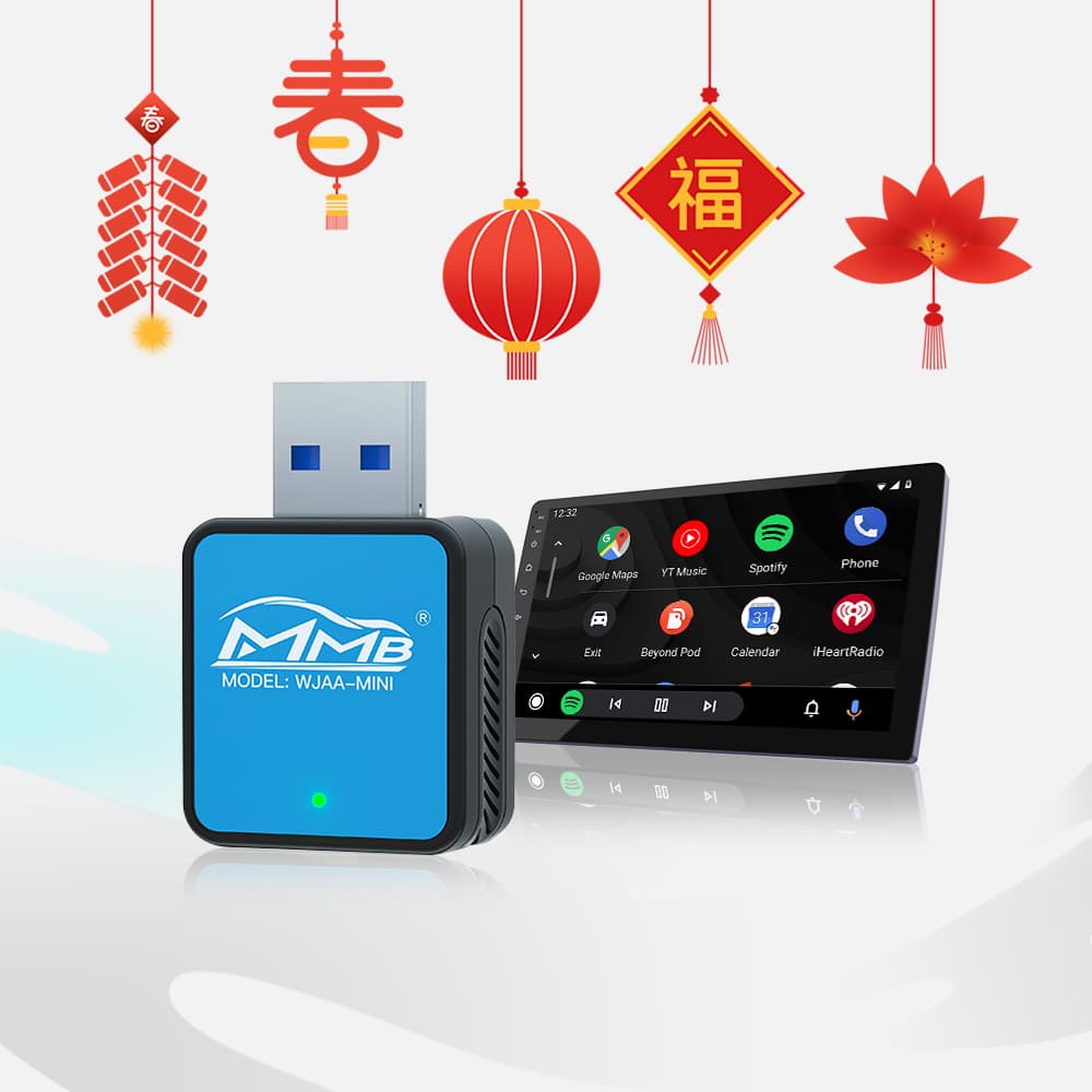 MMB Model WJAA-MINI wireless Android Auto adapter in vibrant blue color, designed for a stable plug-and-play wireless experience.