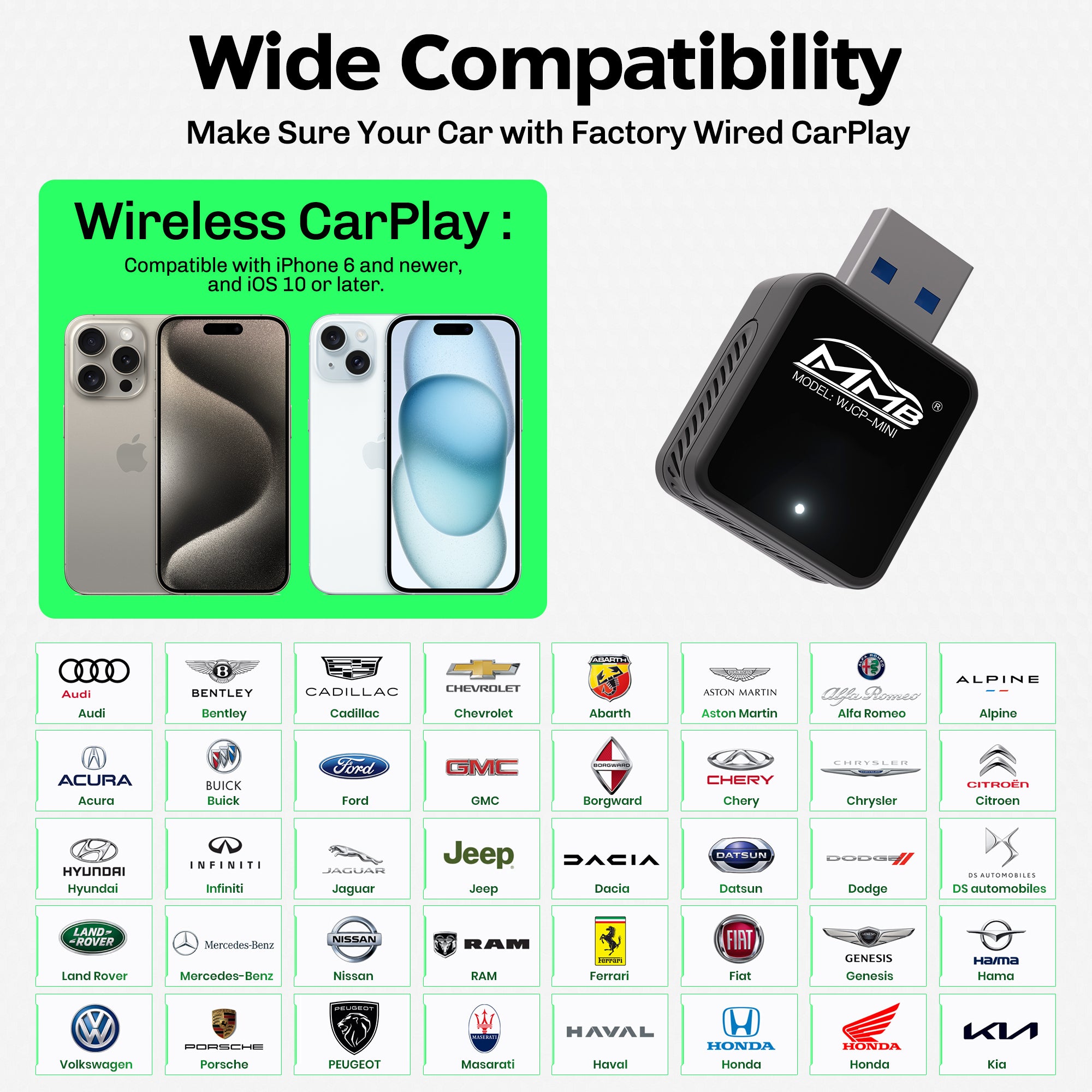 Compatibility list for MMB Mini CarPlay adapter featuring major brands like Audi, Bentley, Chevrolet, Ford, Honda, Hyundai, Jeep, Mercedes-Benz, Toyota, and Volkswagen.