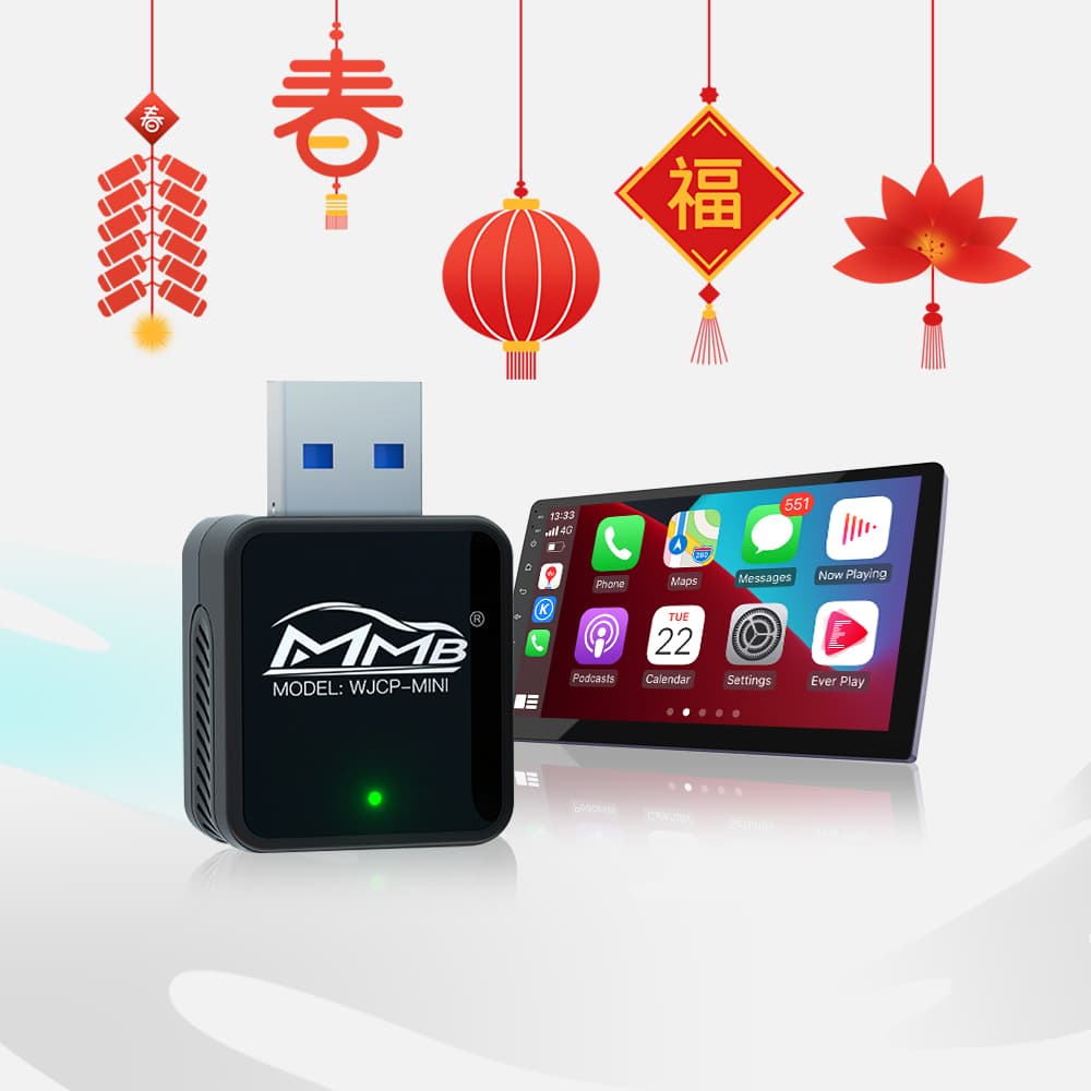 A close-up shot of the MMB WJCP-Mini wireless CarPlay adapter, featuring a sleek black finish, integrated USB-A port, and the MMB brand logo.