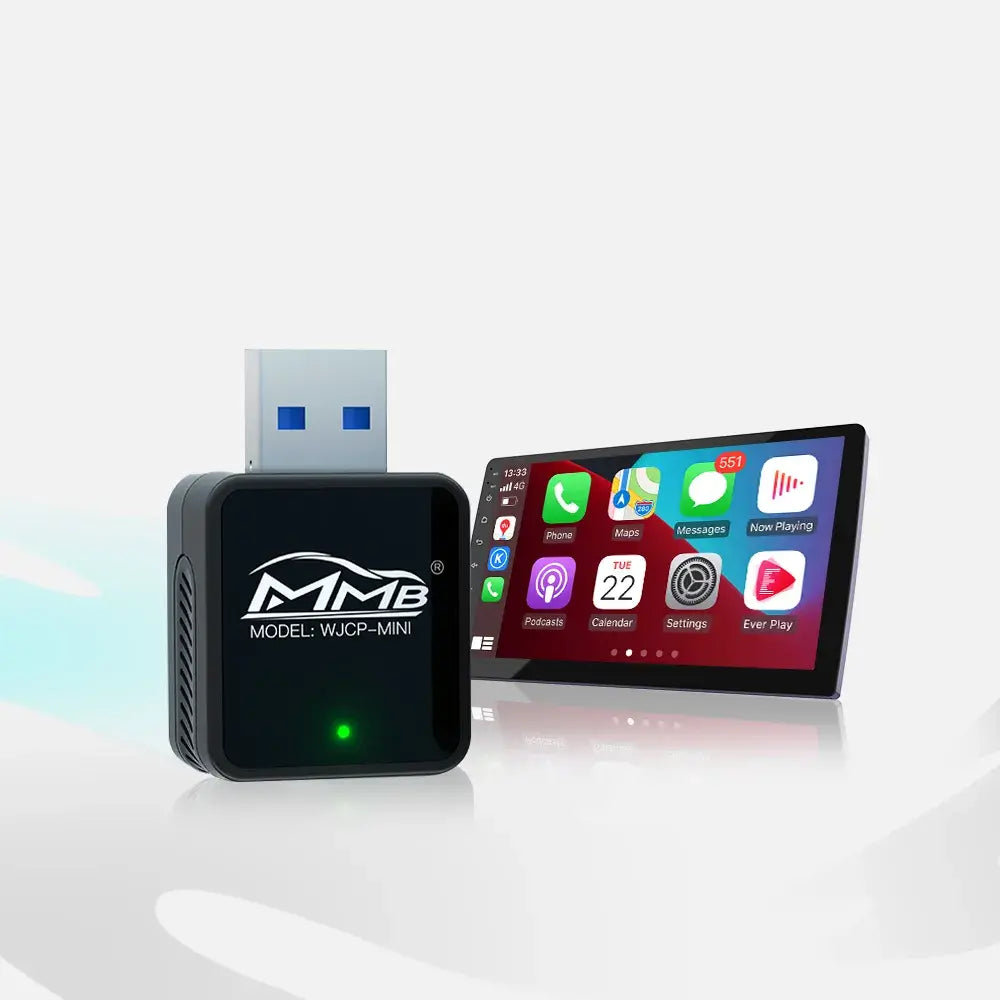 A close-up shot of the MMB WJCP-Mini wireless CarPlay adapter, featuring a sleek black finish, integrated USB-A port, and the MMB brand logo.