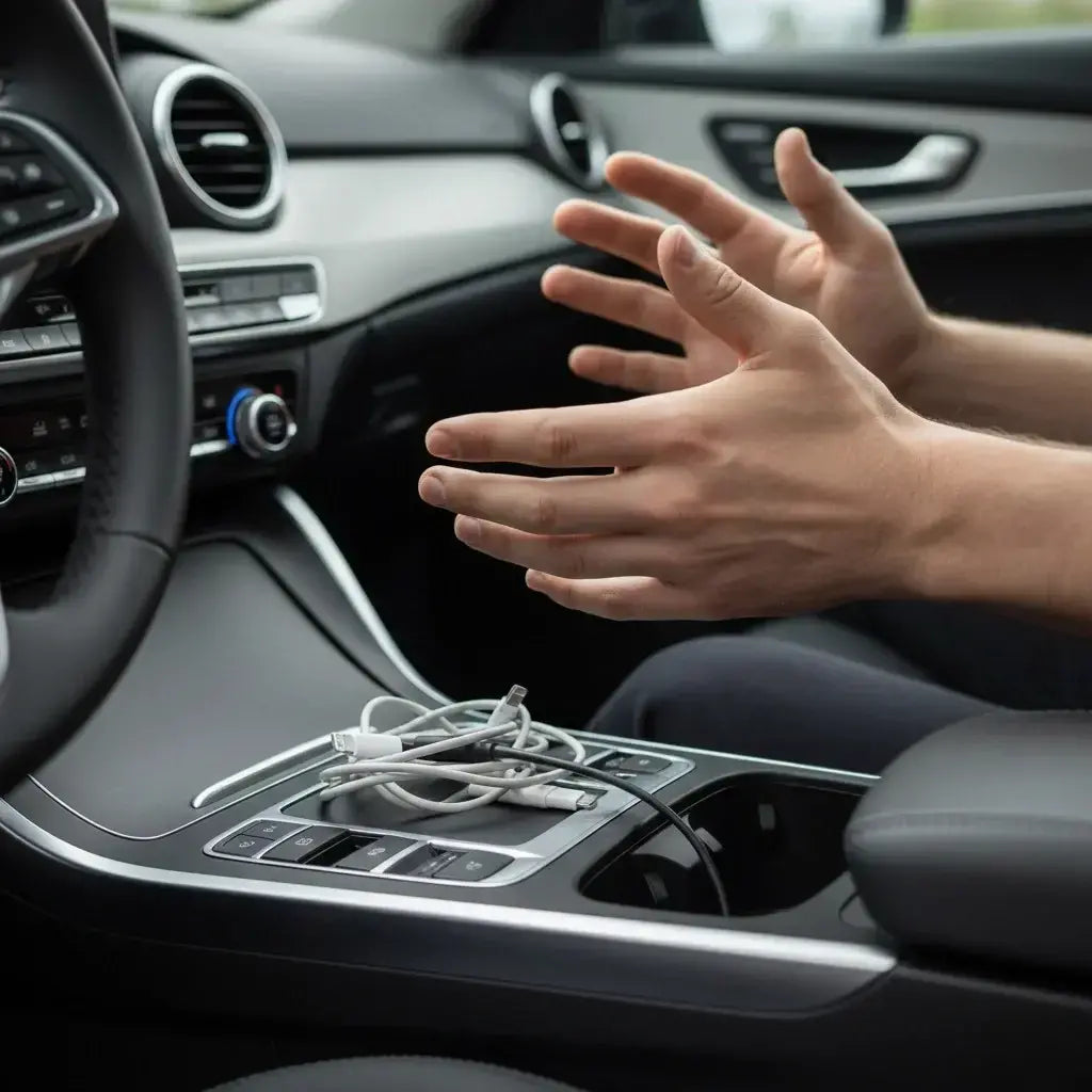 Messy wired CarPlay cables in the car, showing why a wireless CarPlay adapter is needed